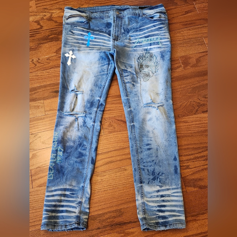 Rockstar Ultra Slim Original Rugged Rhinestone Death Tour 1987 Jeans Size‎ 42